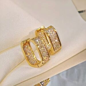 Lab Created DIAMOND 14k Gold Square Hoop Earrings Micro Pave